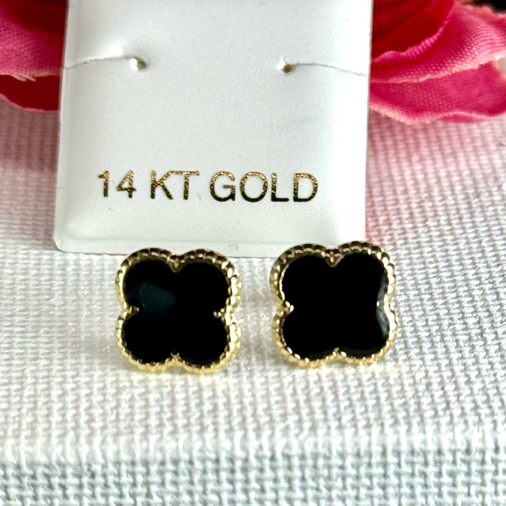 Solid Yellow Gold 14k Clover Earring Available In White And Black.